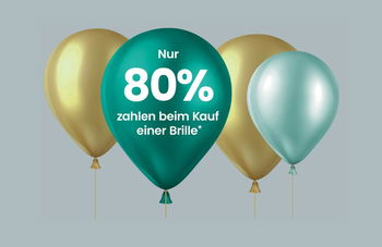 Zu sehen ist ein Bild mit goldenen und Grünen Ballons mit dem Schriftzug: Zusätzlich 50% Rabatt auf die 2. Brille. 