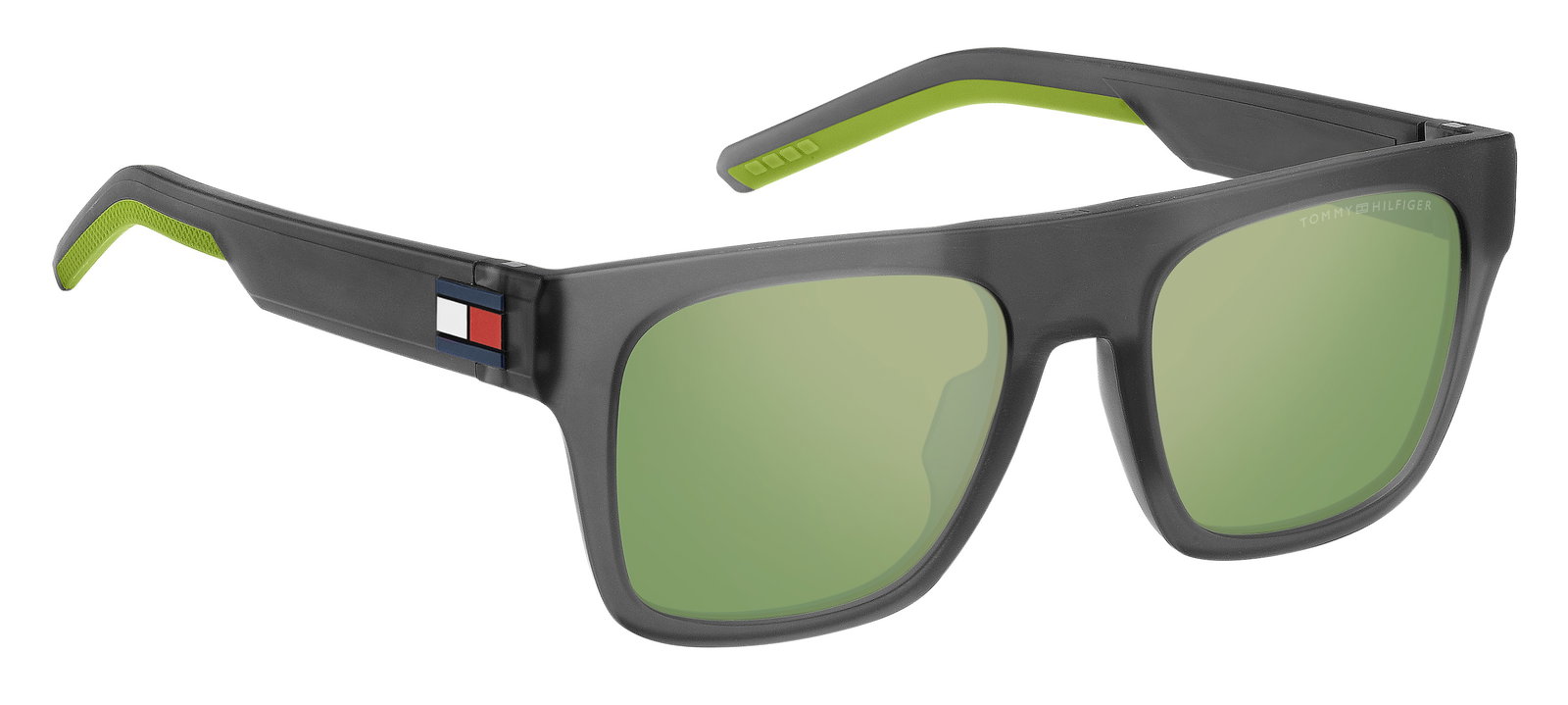Das Bild zeigt die rechteckige Sonnenbrille TH 1976/S FRE für Herren von der Marke Tommy Hilfiger in matt grau mit grünen Gläsern schräg