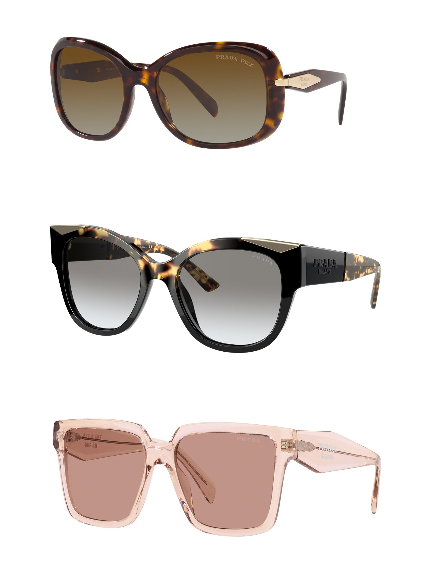 zu sehen sind drei modische elegante Sonnenbrillen von Prada