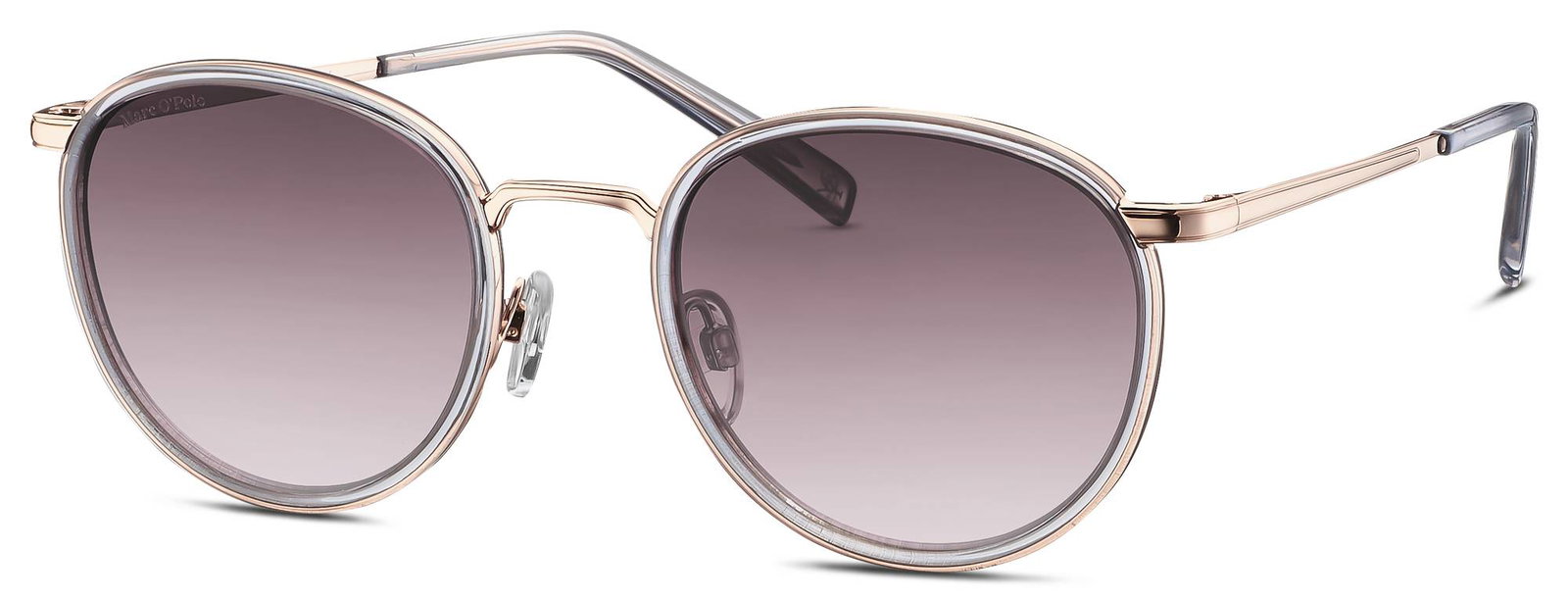 Das Bild zeigt die runde Sonnenbrille 505105 22 für Damen von der Marke Marc O'Polo Eyewear in gold mit grauer Verlaufstönung von vorne