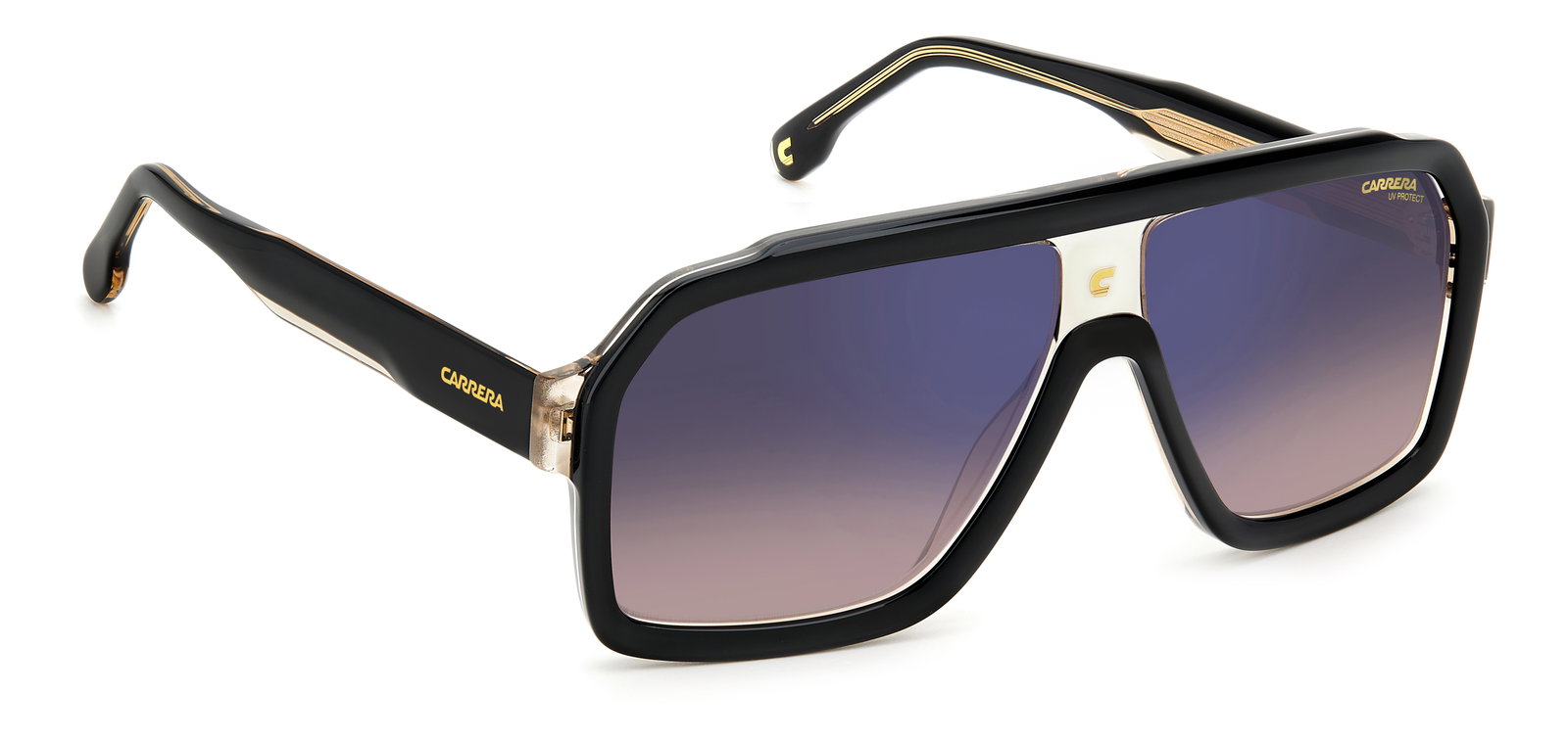 Das Bild zeigt die Pilotensonnenbrille Carrera 1053/S OWM für Herren von der Marke Carrera in schwarz beige mit blauen verspiegelten Gläsern schräg