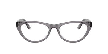 Das Bild zeigt die Korrektionsbrille RX5449D von Ray Ban in Grau transparent von vorne.