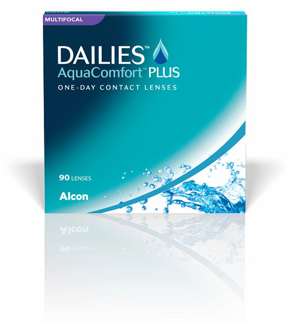 Das Bild zeigt die Verpackung der Dailies Aqua Comfort Plus Multifocal Kontaktlinse.