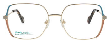 Das Bild zeigt eine eckige Metallfassung von vorne mit blau-roten Backen.