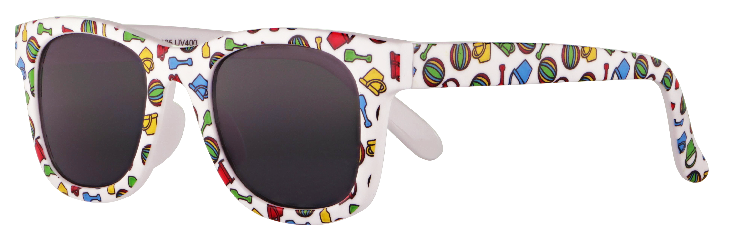 Das Bild zeigt die Sonnenbrille 718804 von der Marke Abele Optik in weiß mit Spielzeug.