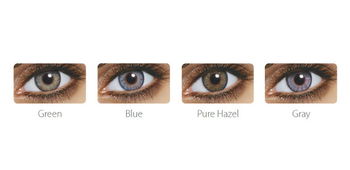 Das Bild zeigt Nahaufnahmen von vier Augen mit verschiedenfarbigen Kontaktlinsen