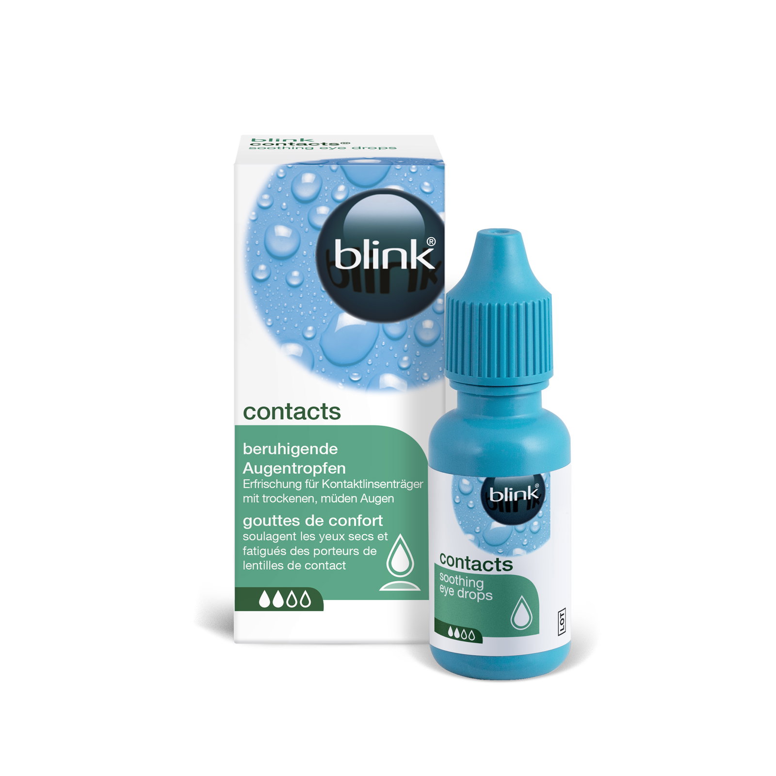 Das Bild zeigt die Verpackung und die Flasche der blink compacts Augentropfen.