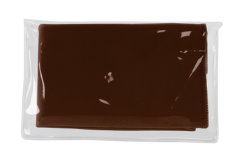 Das Bild zeigt ein braunes Microfasertuch in einer durchsichtigen Plastikverpackung.