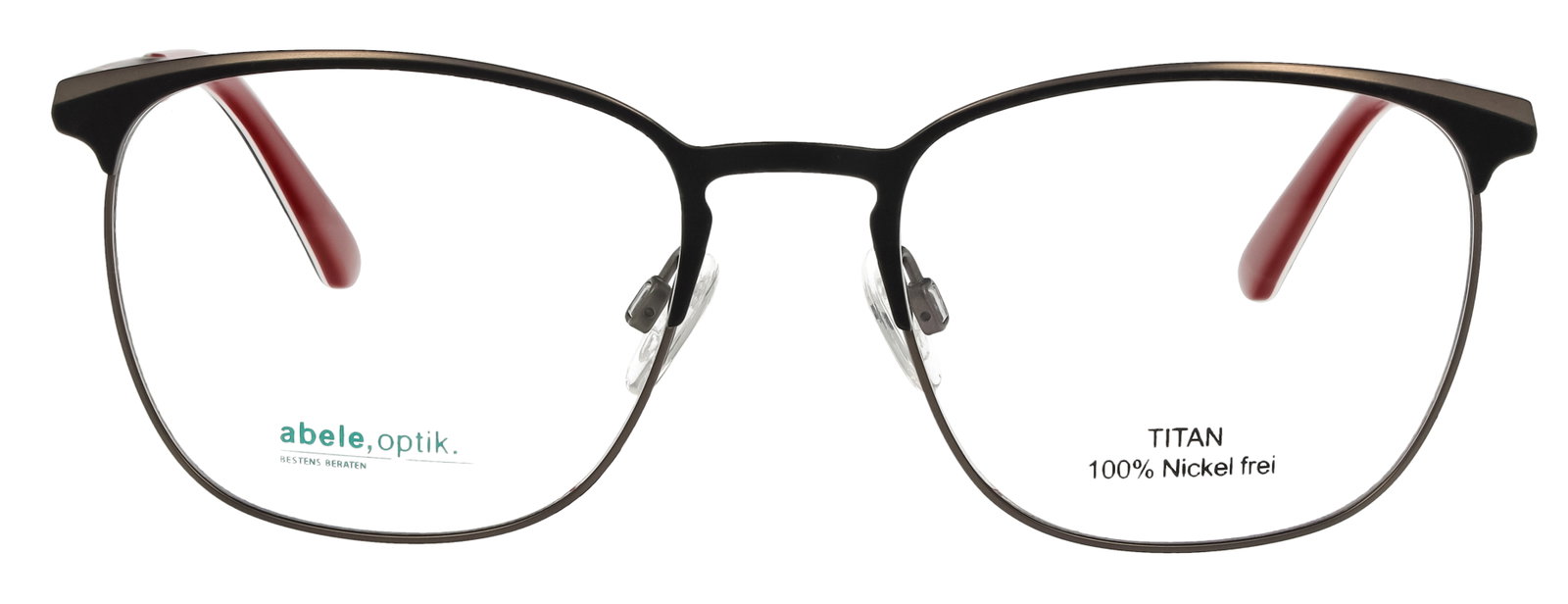 Das Bild zeigt die Korrektionsbrille 151031 von Abele Optik in Schwarz mit roten Akzenten.