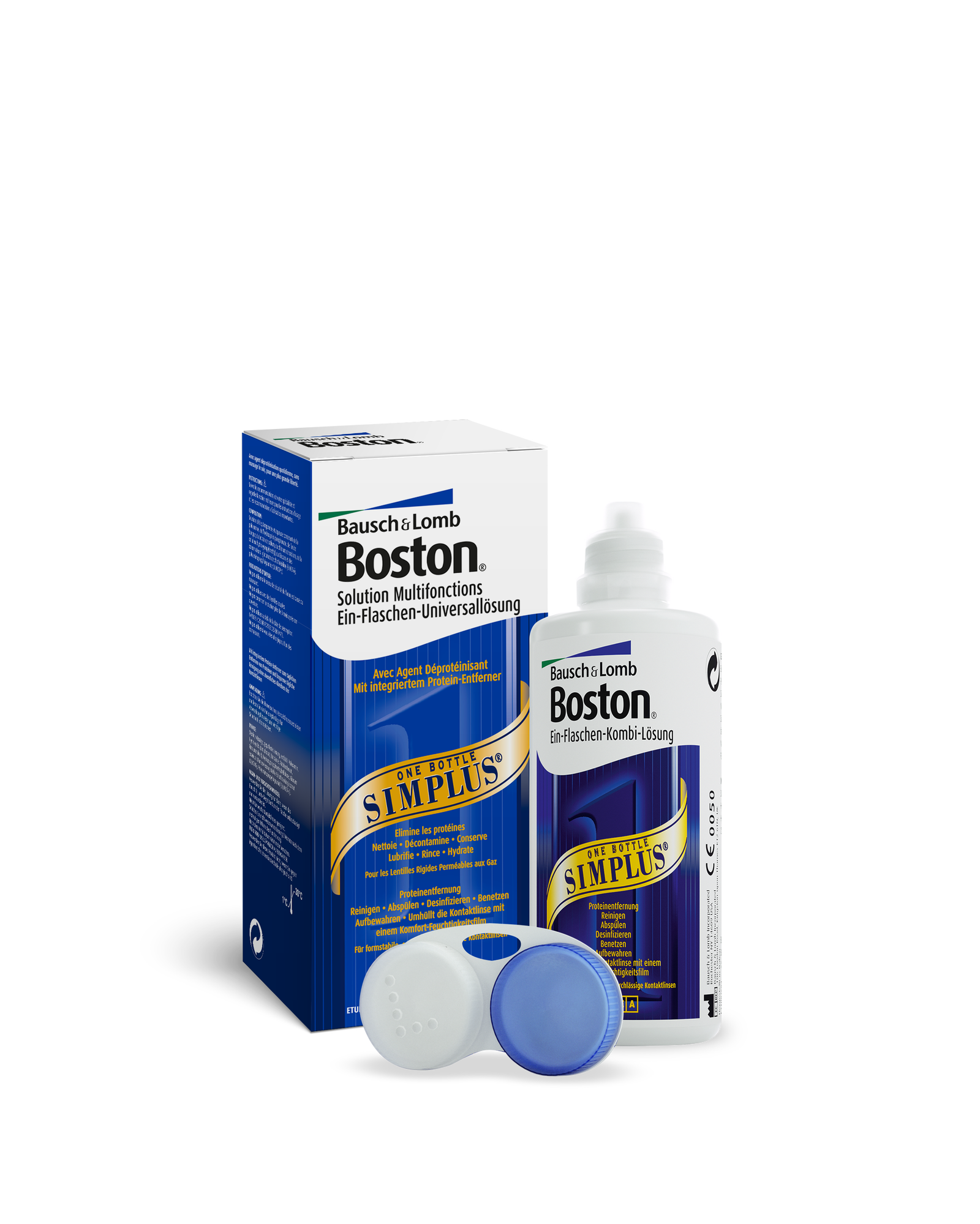 Das Bild zeigt die Verpackung und die Flasche des Boston Simplus.
