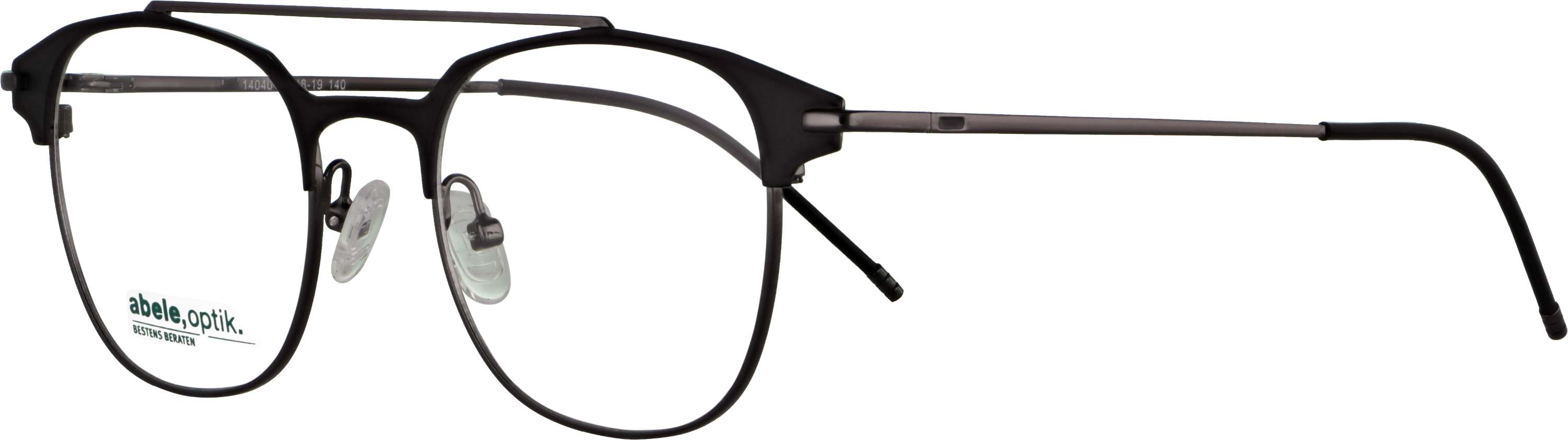Das Bild zeigt die Korrektionsbrille 140401 von der Marke Abele Optik in schwarz matt / gun.