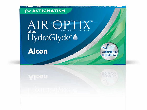 Das Bild zeigt die Verpackung der AirOptix Plus HydraGlyde for Astigmatism Kontaktlinse.