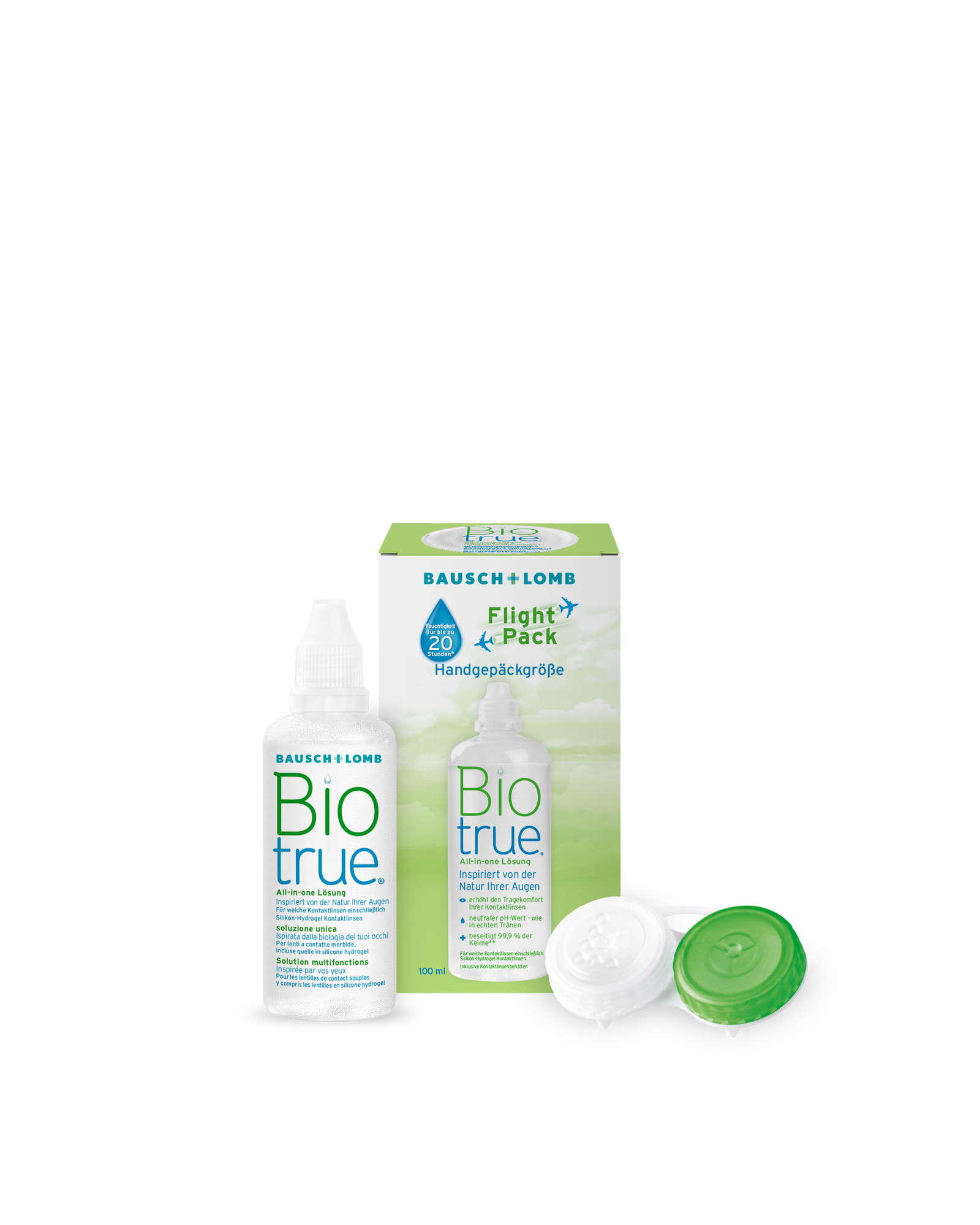 Zu sehen ist das BioTrue Flight Pack mit Verpackung und Linsenbehälter