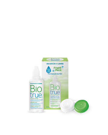 Zu sehen ist das BioTrue Flight Pack mit Verpackung und Linsenbehälter