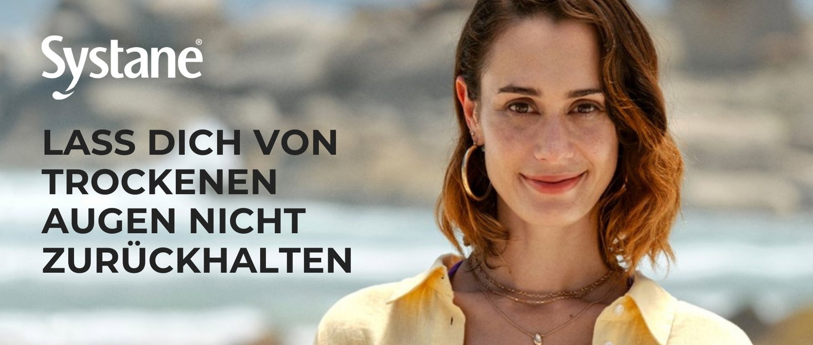 Zu sehen ist ein Werbebanner von Systane Augentropfen mit einer Frau.