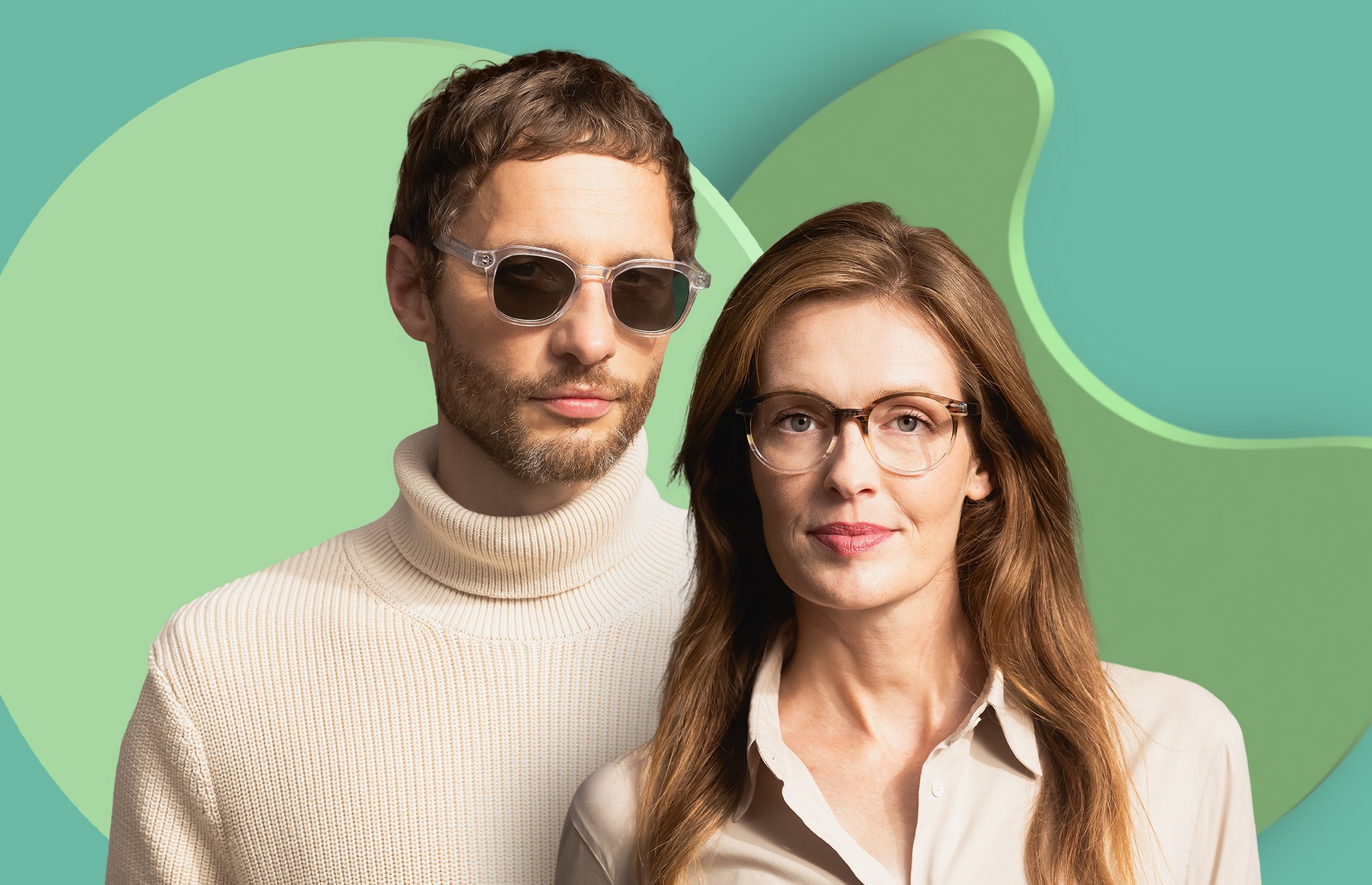 Zu sehen sind eine Frau mit Korrektionsbrille und ein Man mit Sonnenbrille vor einem grün changierenden Hintergrund