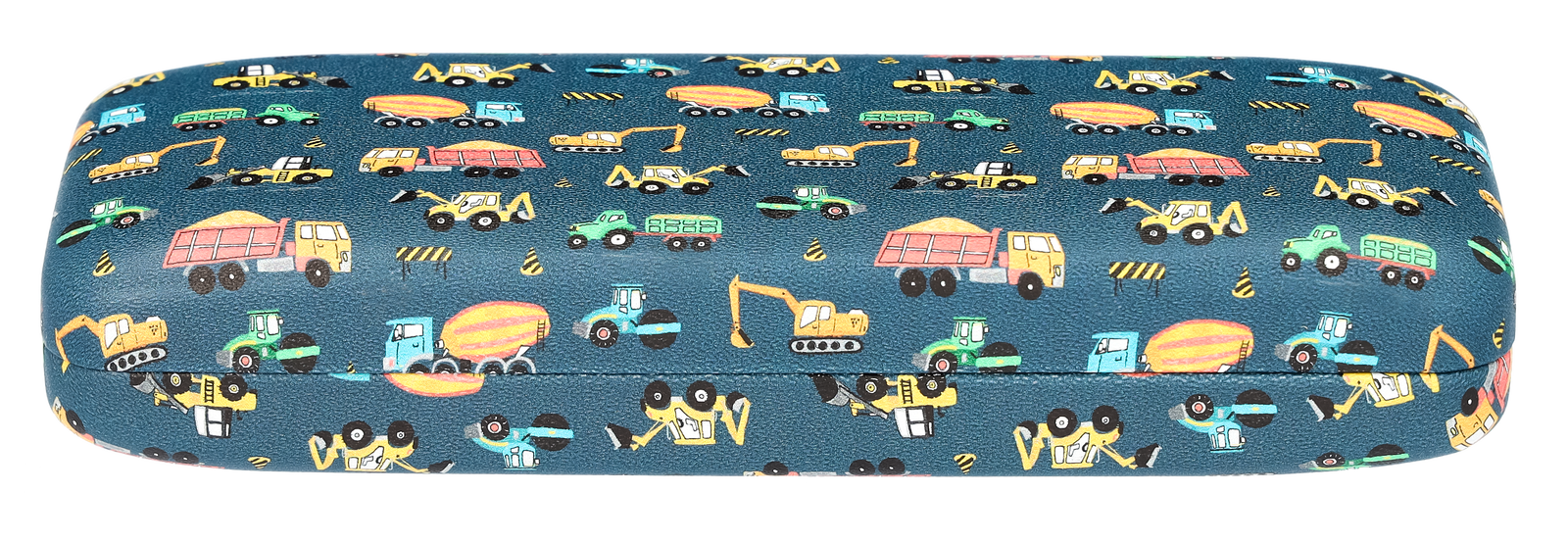 Das Bild zeigt das dunkelblaue Kinderbrillenetui mit Baustellenmotiven.
