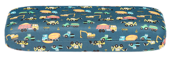 Das Bild zeigt das dunkelblaue Kinderbrillenetui mit Baustellenmotiven.