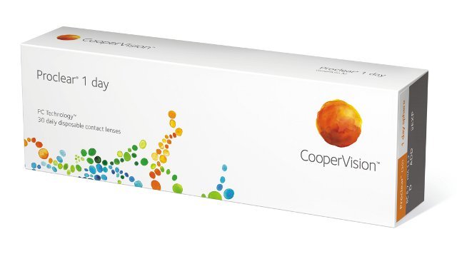 Das Bild zeigt die Verpackung der sphärischen Kontaktlinse Proclear 1 Day von Cooper Vision.