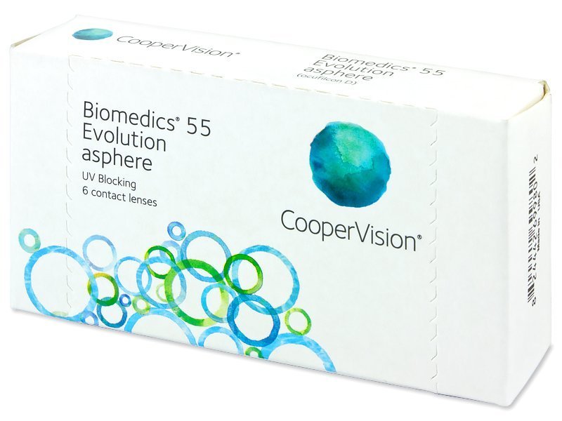 Das Bild zeigt die Verpackung der sphärischen Kontaktlinse Biomedics 55 Evolution UV.