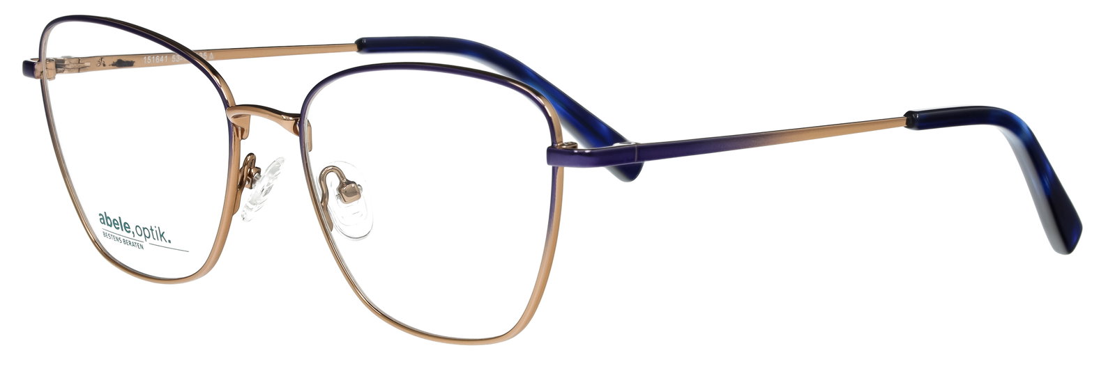 Das Bild zeigt eine Cateye-Damenfassung in Lila und Gold von der Seite.