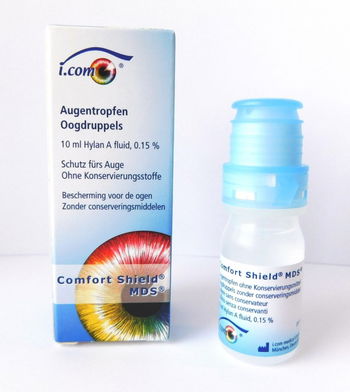 Das Bild zeigt die Verpackung der i.Com Comfort Shield Augentropfen.