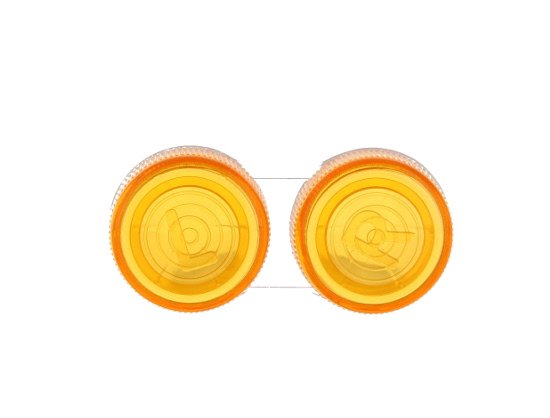 Das Bild zeigt einen Kontaktlinsenbehälter in Orange / weiß.