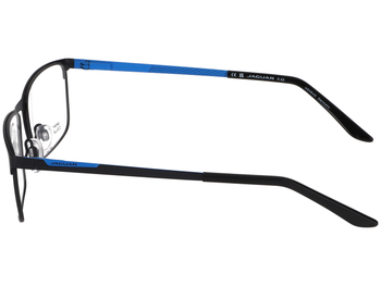 Zu sehen ist eine blau-schwarze Brille mit rechteckigen Gläsern