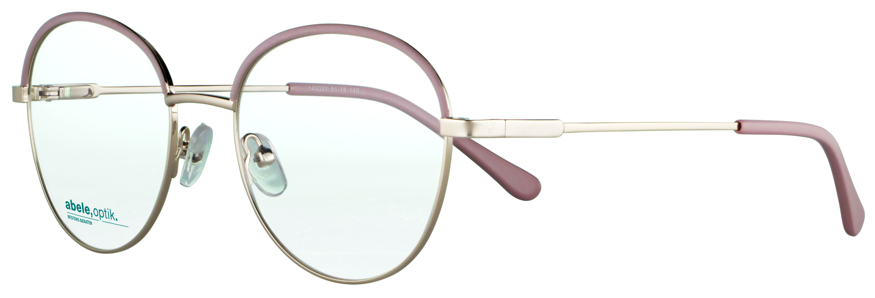 Das Bild zeigt die Korrektionsbrille 143321 von der Marke Abele Optik in rosa - gold.