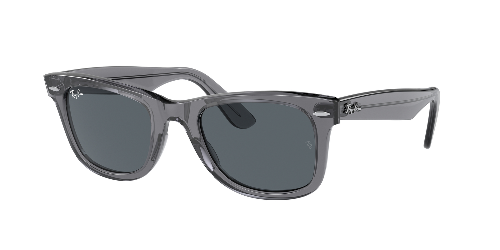 Das Bild zeigt die rechteckige Sonnenbrille Ray Ban Original Wayfarer RB2140 für Herren von der Marke Ray Ban in grau, transparent von vorne
