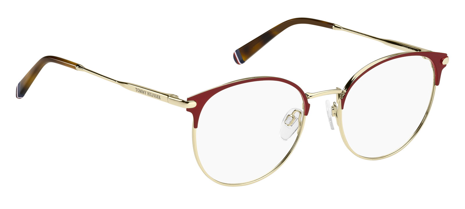 Das Bild zeigt die ovale Brille TH1959 für Damen von der Marke Tommy Hilfiger in gold rot von links