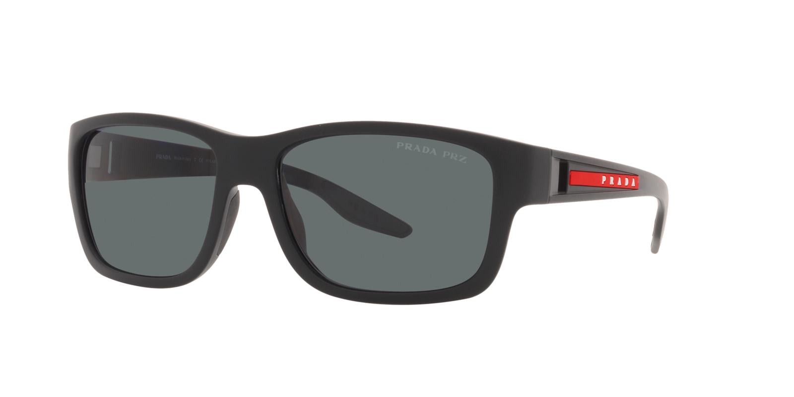 Das Bild zeigt die rechteckige Sonnenbrille PS 01WS DG002G 59 für Herren von der Marke Prada Linea Rossa in schwarz von vorne
