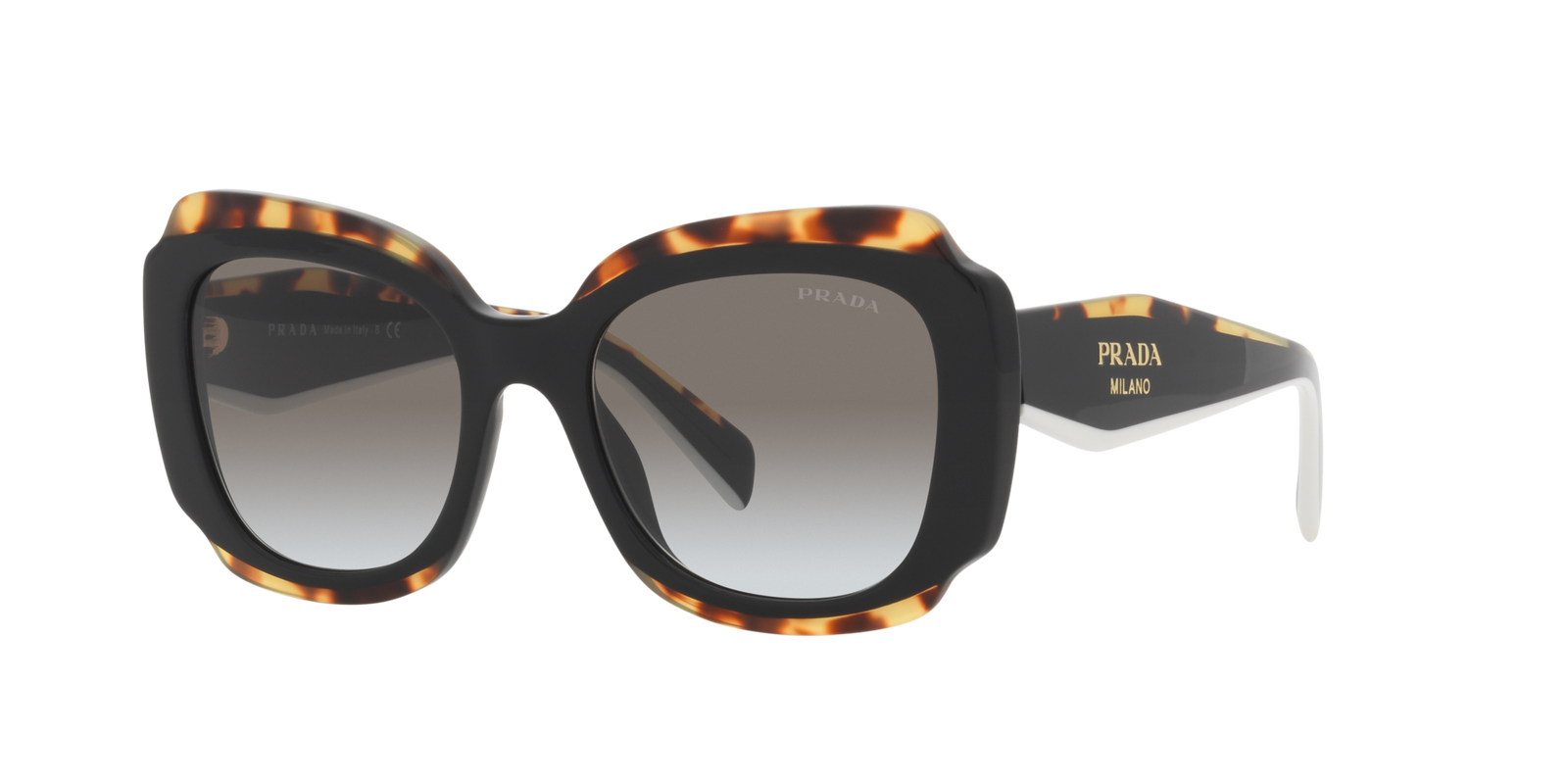 Das Bild zeigt die rechteckige Sonnenbrille PR 16YS 01M0A7 für Damen von der Marke Prada in schwarz havanna von vorne