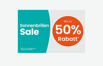 Zu sehen ist das Angebot bis zu 50% Rabatt auf Sonnenbrillen in einem orangen Kreis.