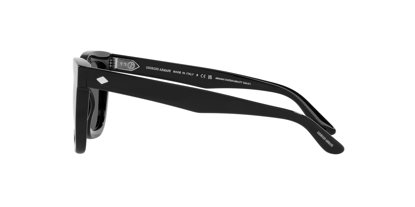 Das Bild zeigt die rechteckige Sonnenbrille AR8171 für Herren von der Marke Giorgio Armani in schwarz seitlich