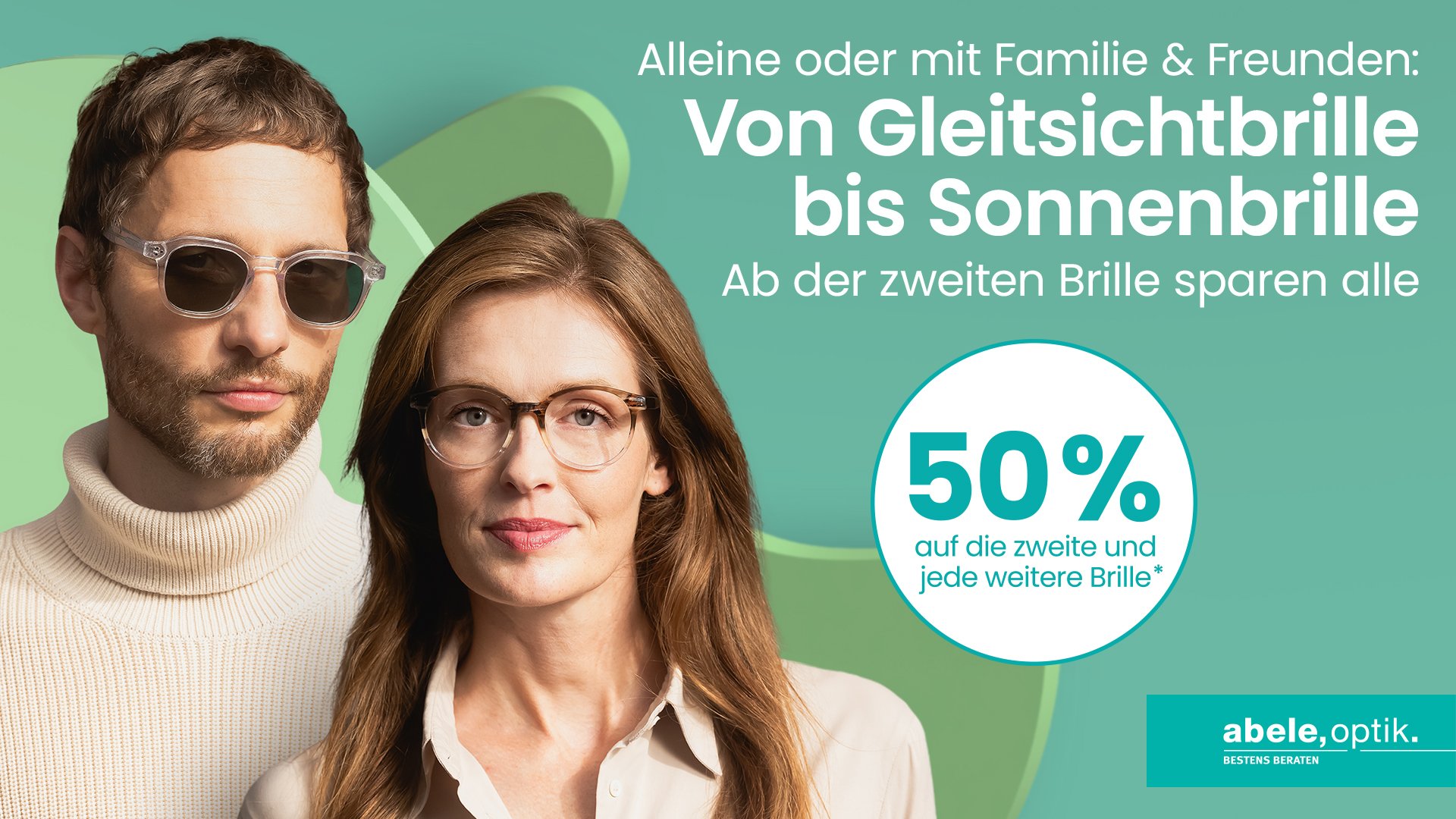 Zu sehen sind eine Frau mit Korrektionsbrille und ein Man mit Sonnenbrille vor grün changierendem Hintergrund
