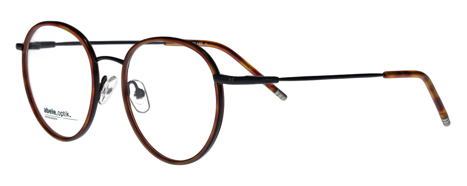 Das Bild zeigt die runde Brille 146021 für Herren von der Marke Abele Optik in braun, havanna, schwarz seitlich