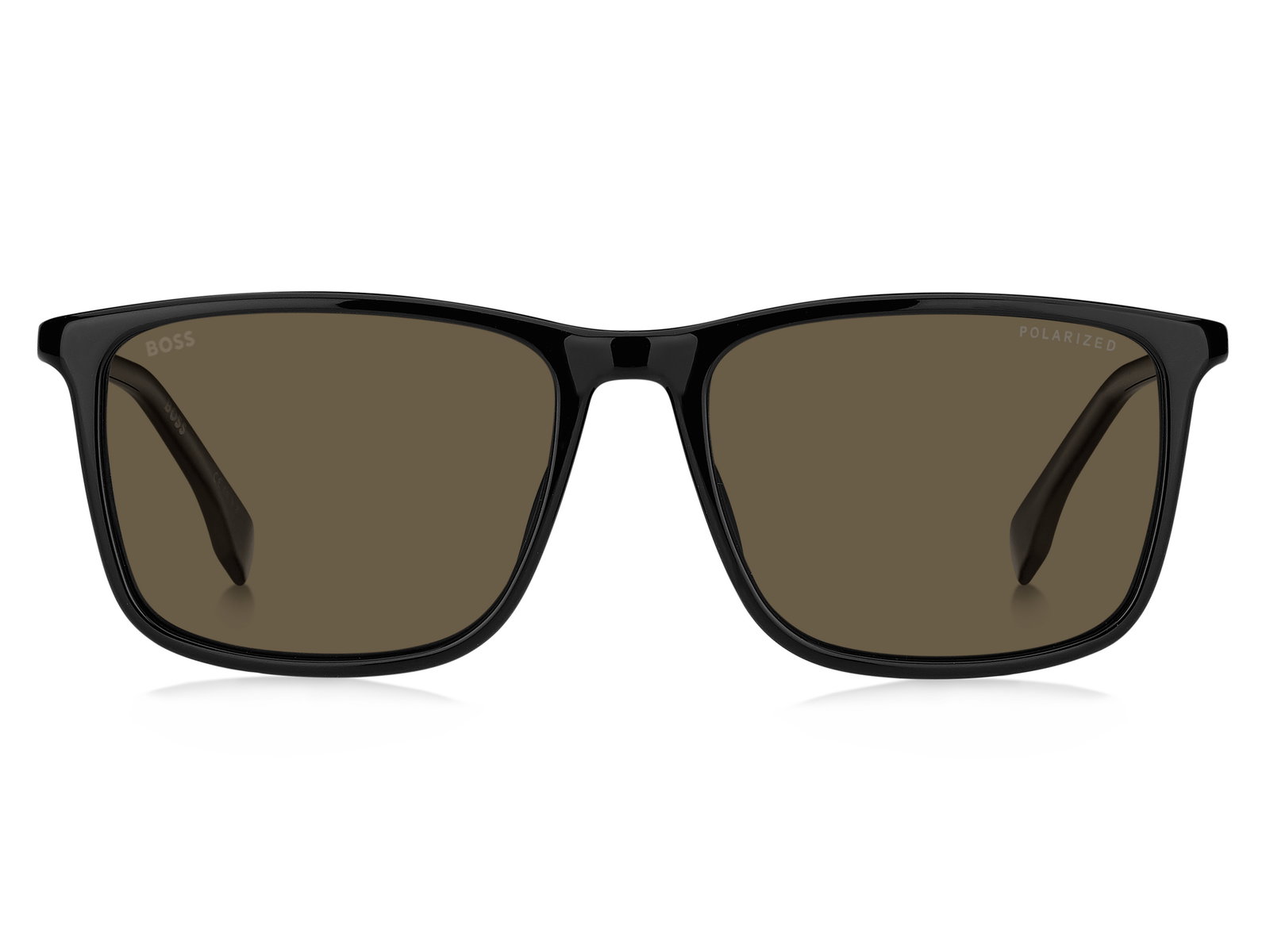 Das Bild zeigt die rechteckige Sonnenbrille Boss 1434/S 807 für Herren von der Marke Boss in schwarz mit polarisierenden braunen Gläsern von vorne