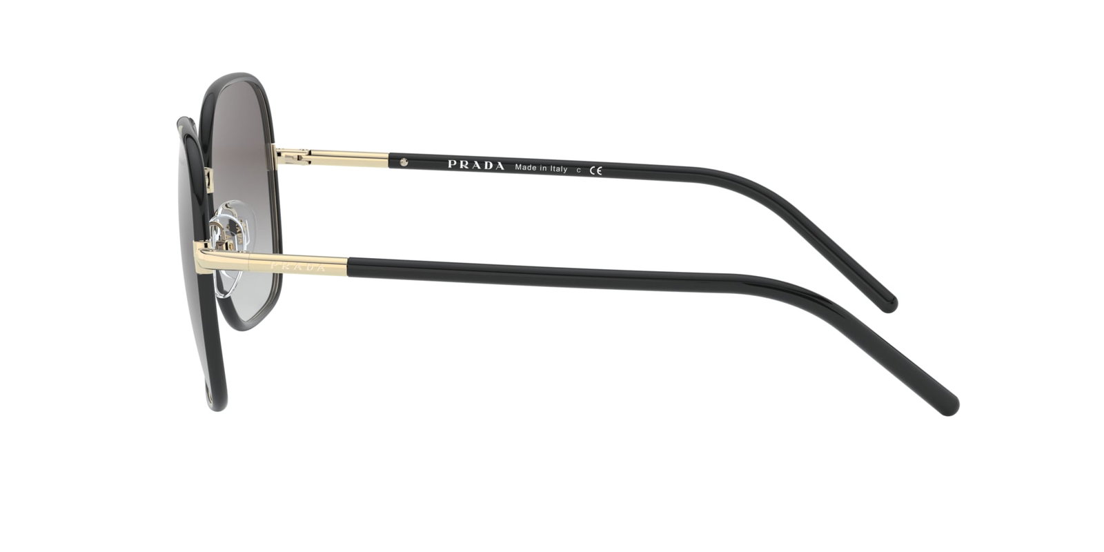 Das Bild zeigt die rechteckige Sonnenbrille PR 67XS AAV0A7 für Damen von der Marke Prada in schwarz von rechts
