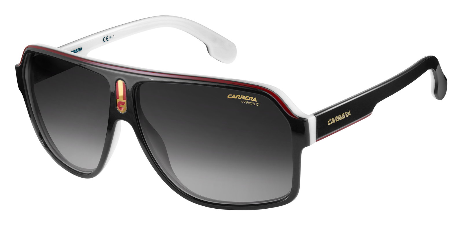 Das Bild zeigt die Pilotensonnenbrille 1001/S 80S für Herren von der Marke Carrera in schwarz weiß von links