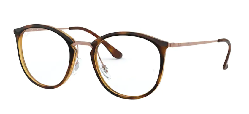 Das Bild zeigt die Browline-Brille RX7140 für Damen von der Marke Ray-Ban in gold, havanna, schwarz von vorne
