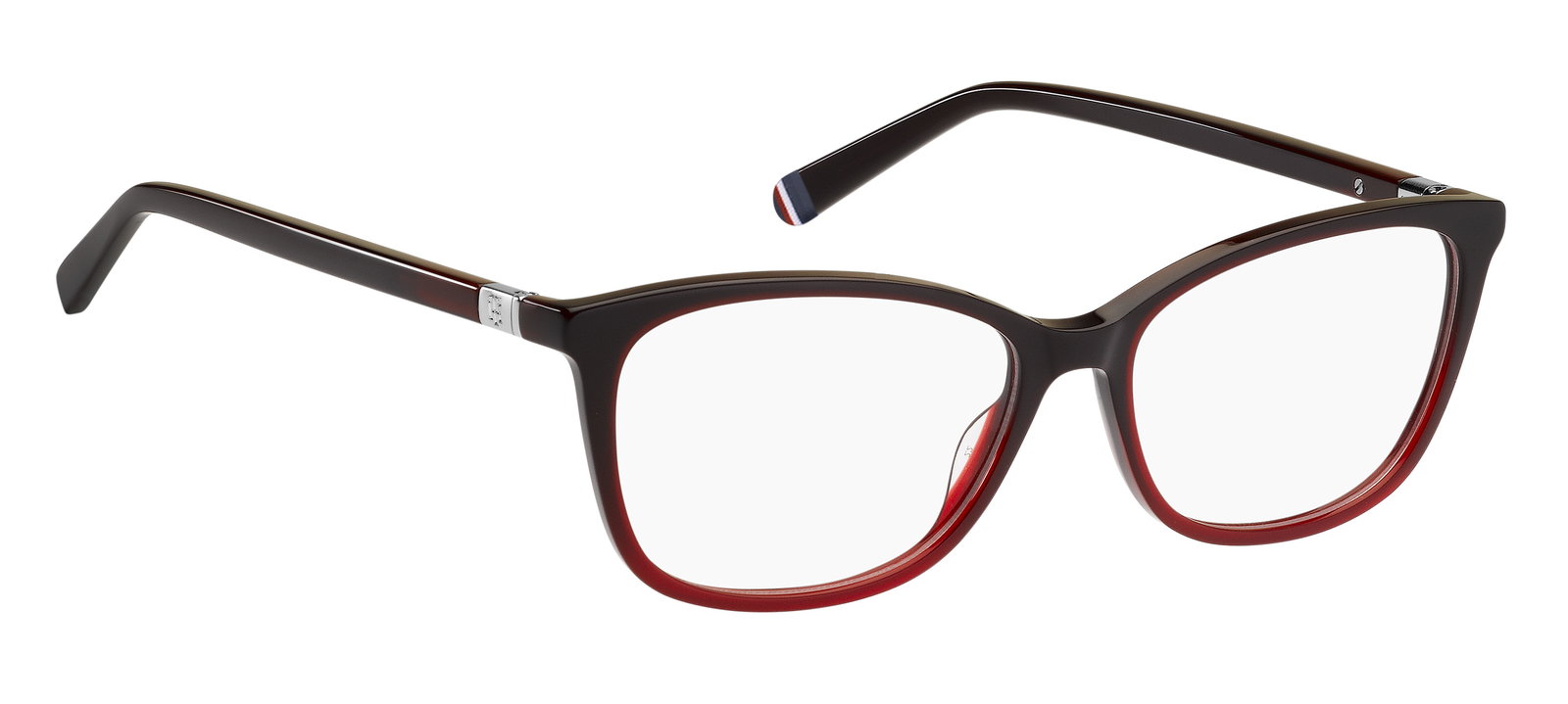 Das Bild zeigt die rechteckige Brille TH1965 C8C 54 für Damen von der Marke Tommy Hilfiger in rot schwarz seitlich