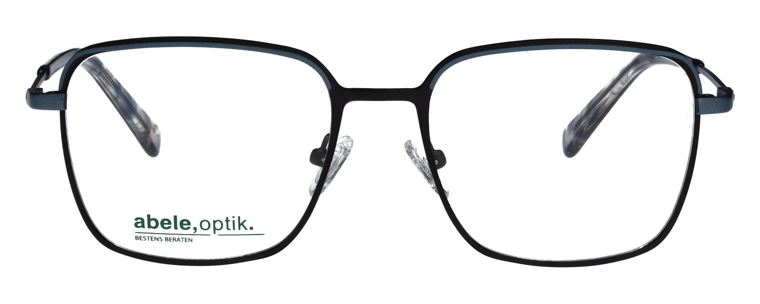 Das Bild zeigt die quadratische Brille 144461 für Herren von der Marke Abele Optik in blau, matt und schwarz von vorne