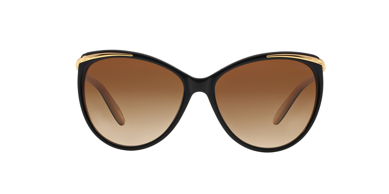 Das Bild zeigt die Cat-Eye-Sonnenbrille RA5150 für Damen von der Marke Ralph Lauren in schwarz gold von vorne
