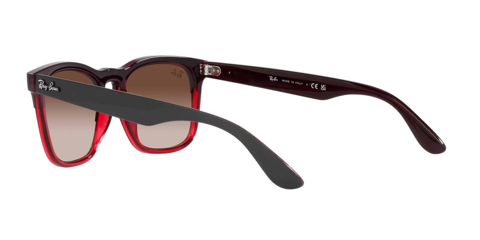Das Bild zeigt die quadratische Sonnenbrille RB4487 663113 für Damen von der Marke Ray Ban in grau rot von rechts