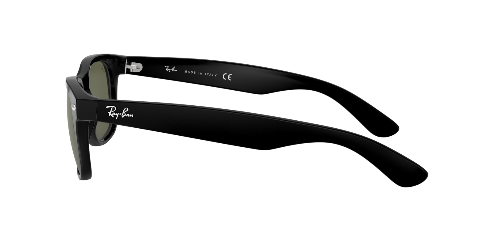 Das Bild zeigt die rechteckige Sonnenbrille Ray Ban New Wayfarer RB2132 901/58 55 für Damen von der Marke Ray-Ban in schwarz mit grünen Gläsern seitlich