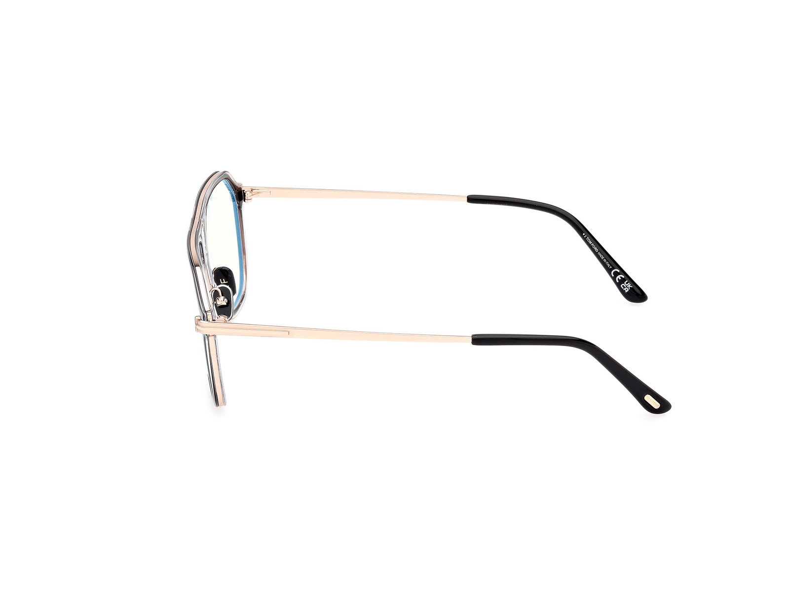 Das Bild zeigt die Korrektionsbrille FT5943 003 von der Marke Tom Ford in Schwarz/Roßégold.