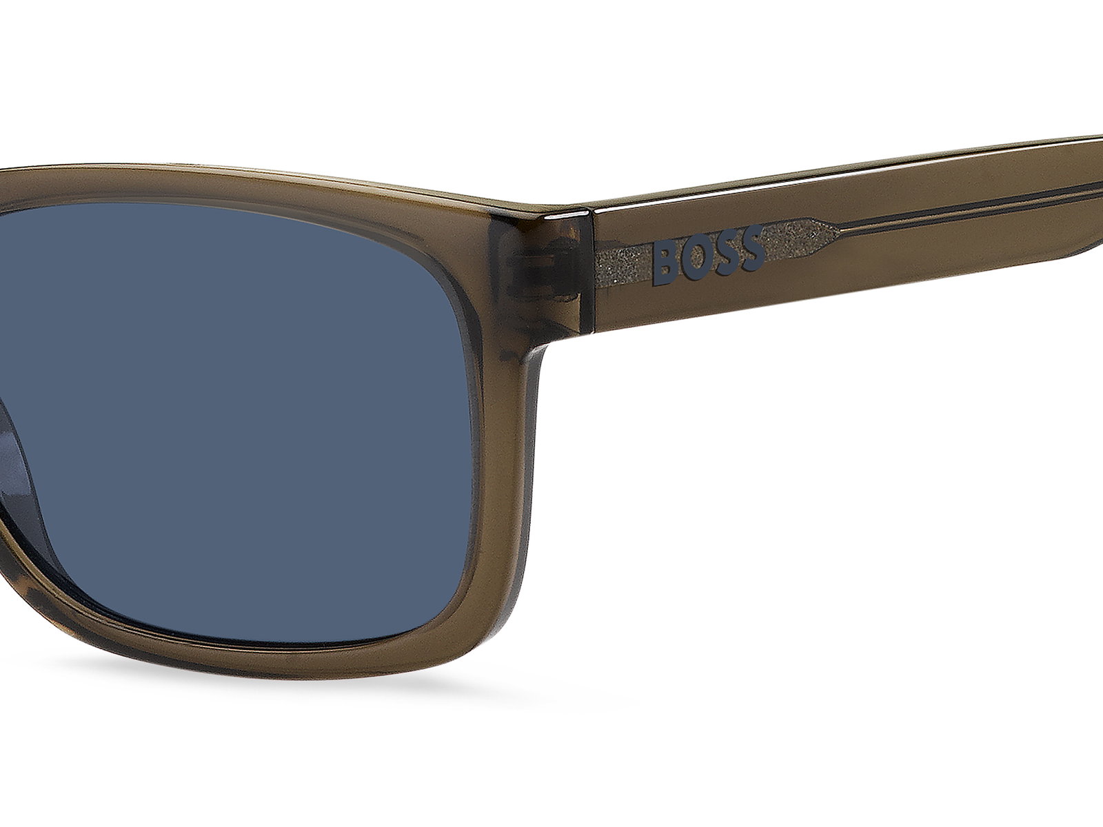 Das Bild zeigt die quadratische Sonnenbrille Boss 1569/S 09Q für Herren von der Marke Boss in braun mit blauen Gläsern seitlich