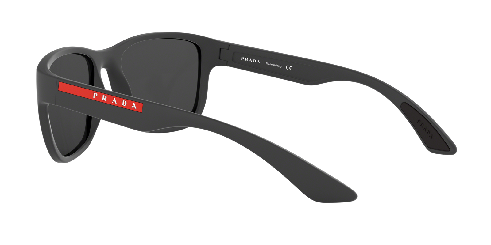 Das Bild zeigt die rechteckige Sonnenbrille PS 01US UFK5L0 für Herren von der Marke Prada Linea Rossa in dunkelgrau matt schwarz von rechts