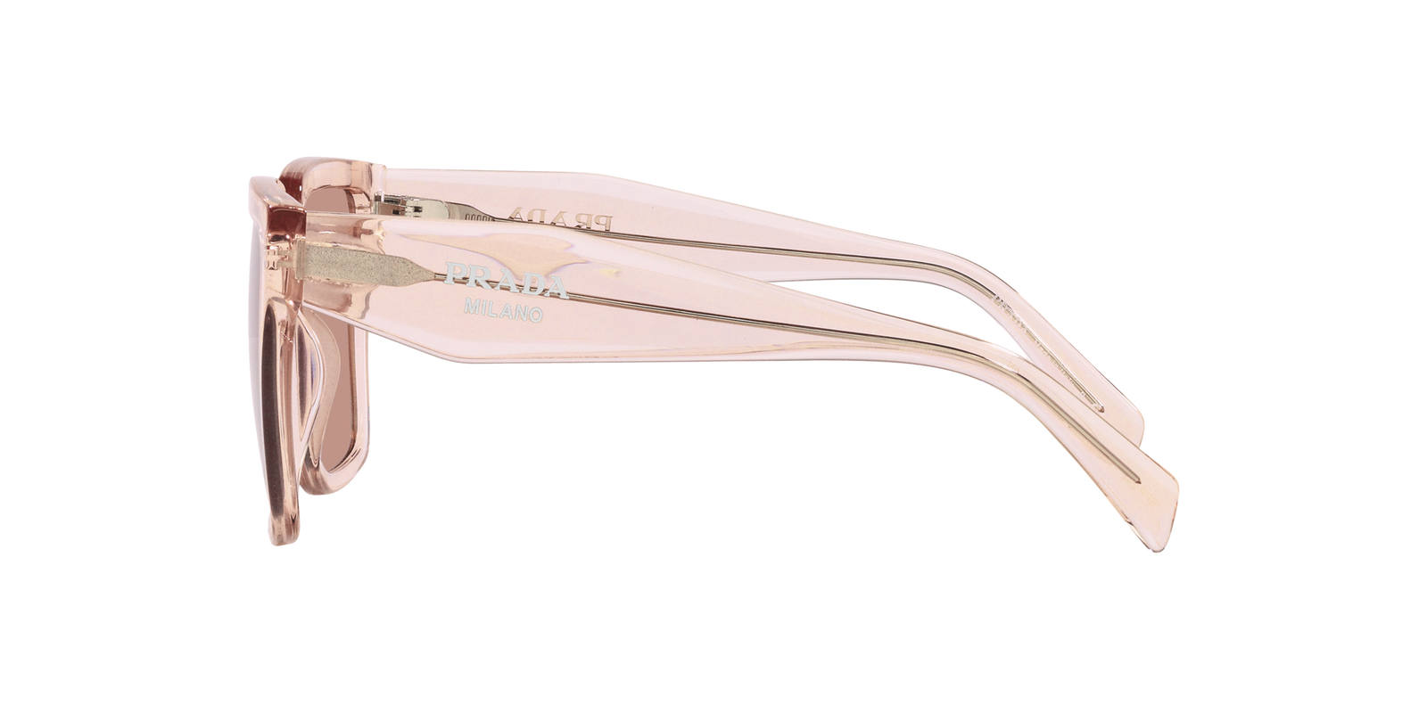 Das Bild zeigt die quadratische Sonnenbrille PR 24ZS für Damen von der Marke Prada in pink rosa transparent seitlich